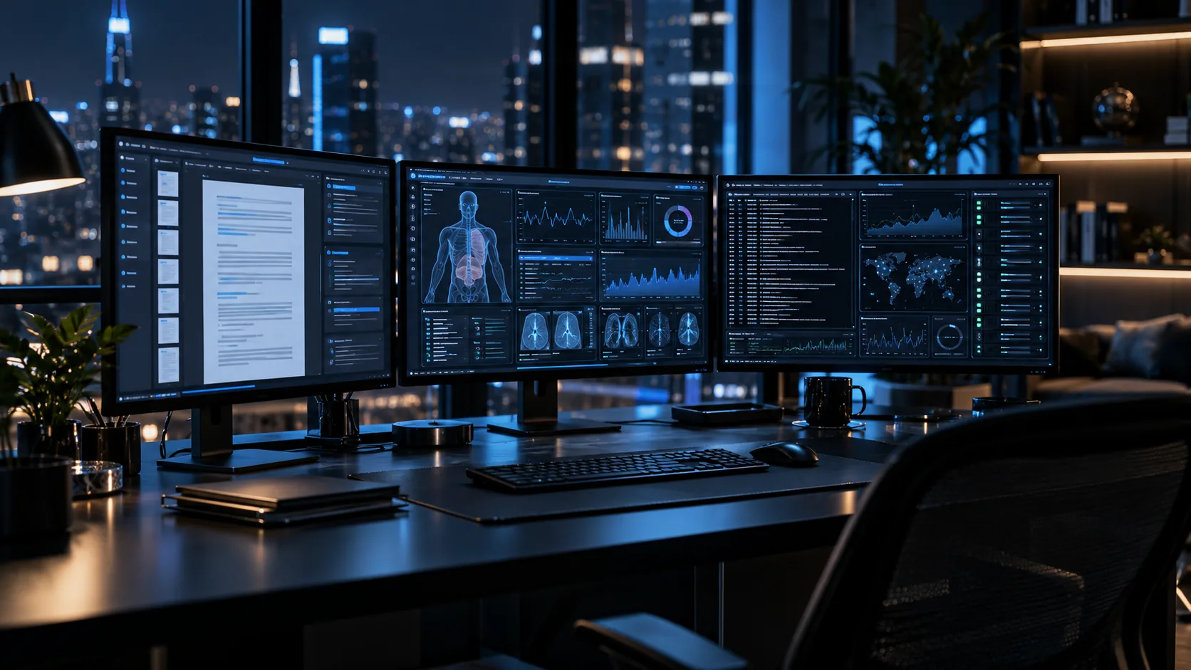 Рабочее место AI-команды Nexus AI: три монитора — право, медицина и IT